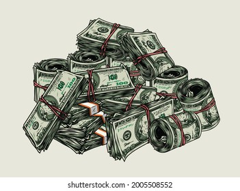 Cash money colorful vintage concept with rolls and stacks of one hundred US dollar bills isolated vector illustration