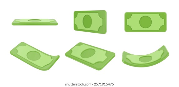 Cash money in different sides, front and top positions. Vector isolated realistic banking financial assets. Economy and commerce, banking and wealth, savings and credits, paper bills notes