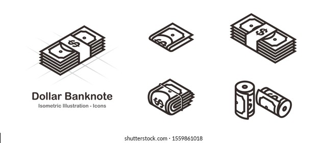 Cash money. Dollar banknote icons. Line icon Vector set. Payment symbol. Isometric illustration Design