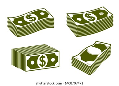 Cash money dollar banknote stack vector simplistic illustration set icon or logo collection, business and finance theme, income taxes revenue prize.