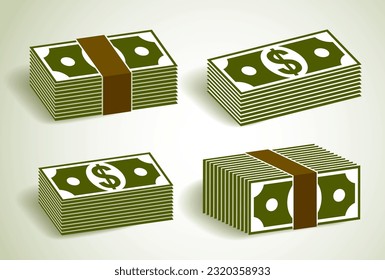 Cash money dollar banknote stack vector simplistic illustration set icon or logo collection, business and finance theme, income taxes revenue prize.