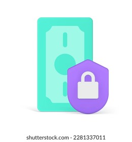 Cash money dollar currency banking safety security guarantee shield lock 3d icon realistic vector illustration. Green banknote wealth salary earning debit credit financial investment protect guard