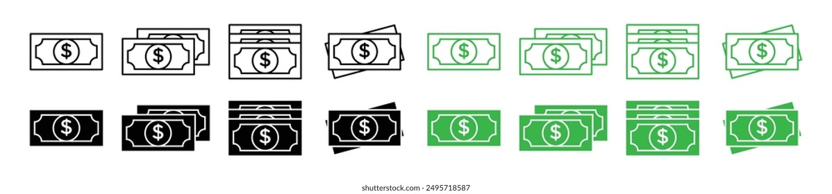 Cash money dollar notes vector icon set. salary banknote stack symbol in black and green colors