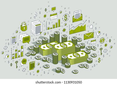 Cash money dollar stacks and coins cents piles isolated on white background. Isometric 3d vector finance and business illustration with icons, stats charts and design elements.