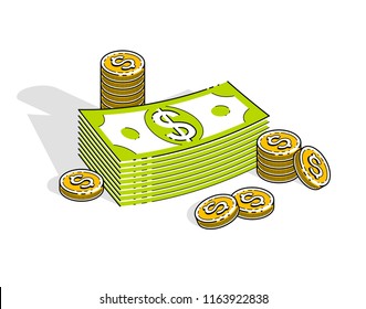Cash money dollar stacks and coins cents piles isolated on white background. Vector 3d isometric business and finance illustration, thin line design.