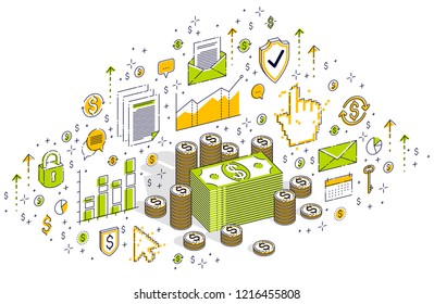Cash money dollar stacks and coins cents piles isolated on white background. Isometric 3d vector finance and business illustration with icons, stats charts and design elements.