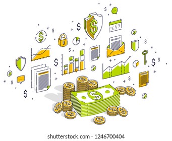 Cash money dollar stacks and coins cents piles isolated on white background. Isometric 3d vector finance and business illustration with icons, stats charts and design elements.