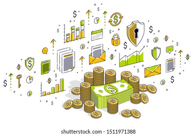 Cash money dollar stacks and coins cents piles isolated on white background. Isometric 3d vector finance and business illustration with icons, stats charts and design elements.