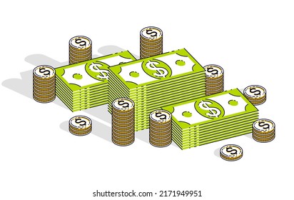 Cash money dollar stacks and coins cents piles isolated on white background. Vector 3d isometric business and finance illustration, thin line design.