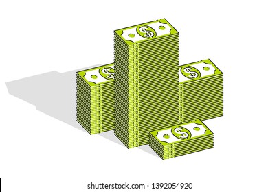 Cash money dollar stacks isolated on white background. Vector 3d isometric business and finance illustration, thin line design.