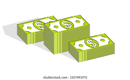 Cash money dollar stacks isolated on white background. Vector 3d isometric business and finance illustration, thin line design.