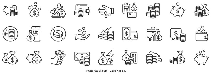 Cash money, Donation coins, Give tips icons. Coins line icons. Piggy bank, Business income, Loan. Money savings, give coin, cash tips. Investment profit, growth chart, financial crisis. Vector