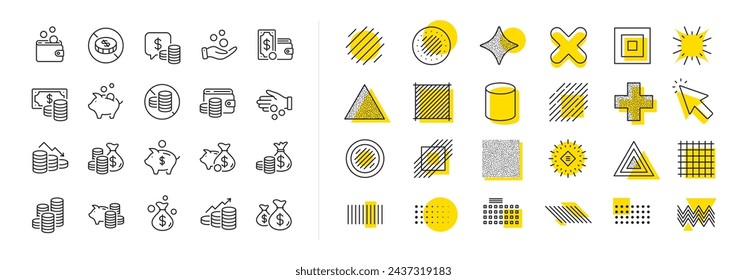 Cash money, Donation coins, Give tips icons. Design shape elements. Coins line icons. Piggy bank, Business income, Loan. Money savings, give coin, cash tips. Vector