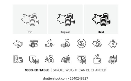 Cash money, Donation coins, Give tips icons. Coins line icons. Piggy bank, Business income, Loan. Money savings, give coin, cash tips. Investment profit, financial growth chart. Line icons set. Vector