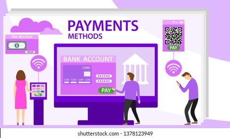 Cash money and electronic payment methods. Payment methods vector flat illustration. Payment method and option or channel to transfer money.