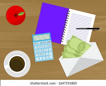 Cash money in envelope on table. Pay day concept vector. Cash salary on work place, illustration banknote budget and notebook for write
