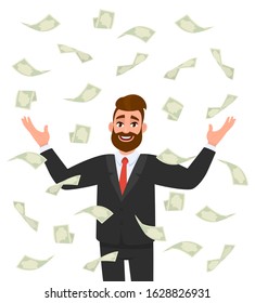 Cash or money falling around young business man. Successful person celebrates under currency notes rain. 
Male character illustration. Business, financial, modern lifestyle concept in vector cartoon.