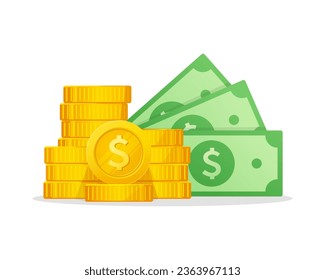 Cash money financial symbol. Gold coins pile and banknote with Dollar Sign. Modern finance vector illustration.