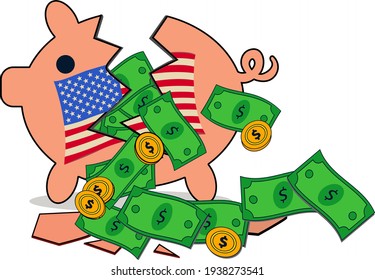 Cash Money Floating Out Of Broken Piggy Bank. Illustrating Coronavirus Economic Stimulus Payment And Government Spending. Vector Illlustration.