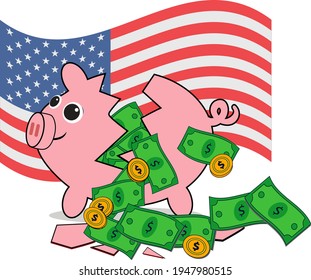 Cash Money Floating Out Of Broken Piggy Bank. Illustrating Coronavirus Economic Stimulus Payment And Government Spending. Vector Illlustration.