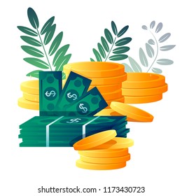 Cash, money, gold coins, dollars. Freelance. Transaction. Modern vector flat design image isolated on white backgroud