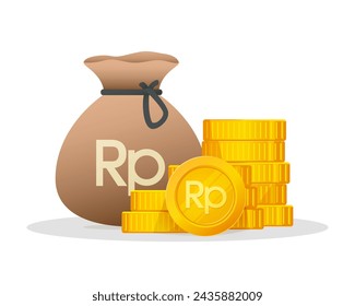 Cash Money and Gold Coins Pile With Indonesian Rupiah Sign. vector financial illustration.