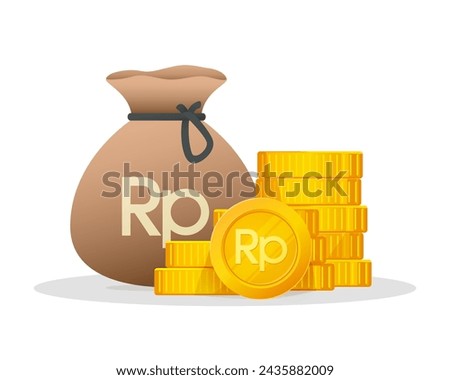 Cash Money and Gold Coins Pile With Indonesian Rupiah Sign. vector financial illustration.