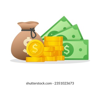 Cash Money and Gold Coins Stack With USD Dollar Sign. Bahrain Currency symbol. Modern vector financial illustration.