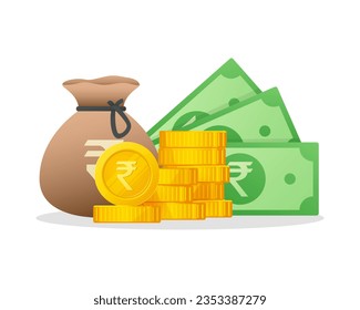 Monedas de dinero en efectivo y monedas de oro apiladas con letrero de rupia india. Símbolo de moneda de India. Ilustración financiera vectorial moderna.