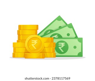 Cash Money and Gold Coins Stack With Rupee Sign. Indian Currency symbol. Modern vector financial illustration.