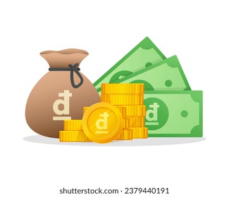 Cash Money and Gold Coins Stack With Vietnamese dong Sign. Vietnam Currency symbol. Modern vector financial illustration.