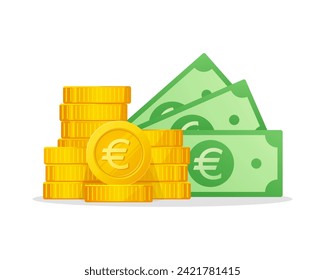 Cash Money and Gold Coins Stack With Euro Sign. European Union Currency symbol.