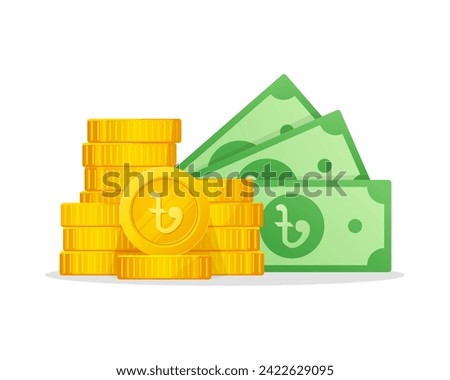 Cash Money and Gold Coins Stack With Taka Sign. Bangladesh Currency Taka symbol.