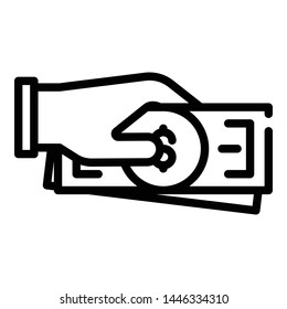 Cash money in hand icon. Outline cash money in hand vector icon for web design isolated on white background