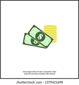 Cash  money icon. Flat image money on white isolated background. Layers grouped for easy editing illustration. For your design.