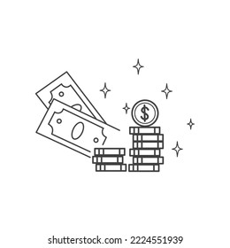 cash money icon, wealth or prosperity concept, paper dollars and coin, financial prize, thin line symbol on white background - editable stroke vector illustration.