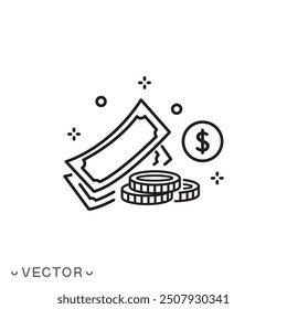 cash money icon, wealth or prosperity concept, paper dollars and coin, financial prize, thin line symbol isolated on white background, editable stroke eps 10 vector illustration