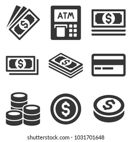 Cash Money Icons Set. Dollars and Coins. Vector