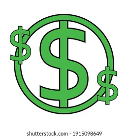 A cash and money illustration with 3 dollar signs in green gradient circle can be used as a decorative element, icon or logo