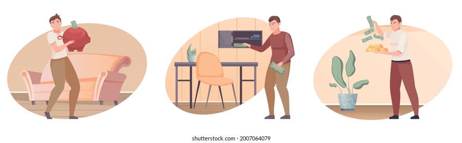 Cash money isolated compositions set of people hiding money in home safe and piggy bank flat vector illustration