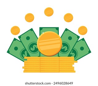 Cash money isolated on white background. Pile of dollar bills and gold coins stack. Gold coins hover in the air. Vector illustration