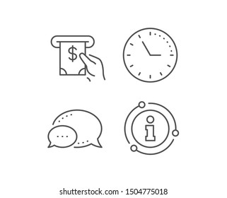 Cash money line icon. Chat bubble, info sign elements. Banking currency sign. Dollar or USD symbol. ATM service. Linear aTM service outline icon. Information bubble. Vector