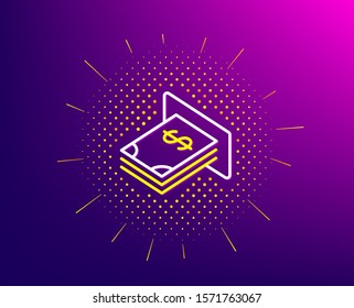 Cash money line icon. Halftone pattern. Banking currency sign. Dollar or USD symbol. Gradient background. ATM money line icon. Yellow halftone pattern. Vector