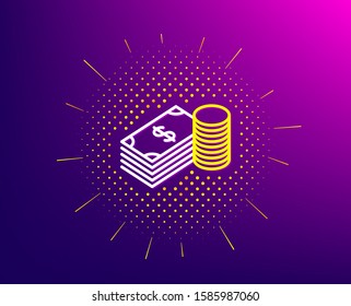 Cash money line icon. Halftone pattern. Banking currency sign. Dollar or USD symbol. Gradient background. Savings line icon. Yellow halftone pattern. Vector