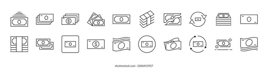 Cash Money Outline Picture Collection. Editable Stroke. Perfect for Infographics, Articles, Books, Flyers, Banners