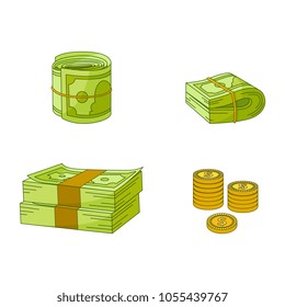 cash money piles, stack heap bundle, golden coins set. Bank hundred dollar banknotes. Business finance success, jackpot banking loan credit symbol. Isolated illustration, white background