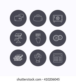 Cash money, safe box and calculator icons. Safe box, cheque and dollar usd linear signs. Profit investment, wallet and coins icons. Flat icons in circle buttons on white background. Vector
