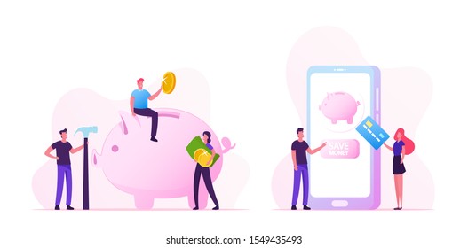 Cash And Money Savings Concept. Business People With Credit Card Stand At Huge Smartphone Make Deposit Transaction Tiny Men And Women Characters Put Coin In Piggy Bank. Flat Vector Illustration