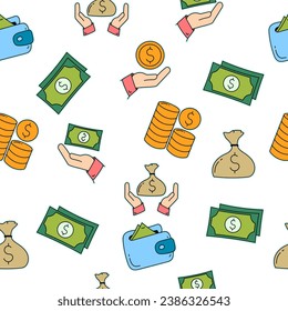 Diseño de patrones sin fisuras de dinero en efectivo. Patrón sin inconvenientes con los elementos del dinero del doodle.
