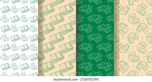 Dinheiro dinheiro conjunto de padrões sem costura. Fundos com dólares. Impressão de notas, letras e gráficos vetoriais